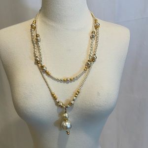 Gold tone beads and faux pearl pendant necklace
